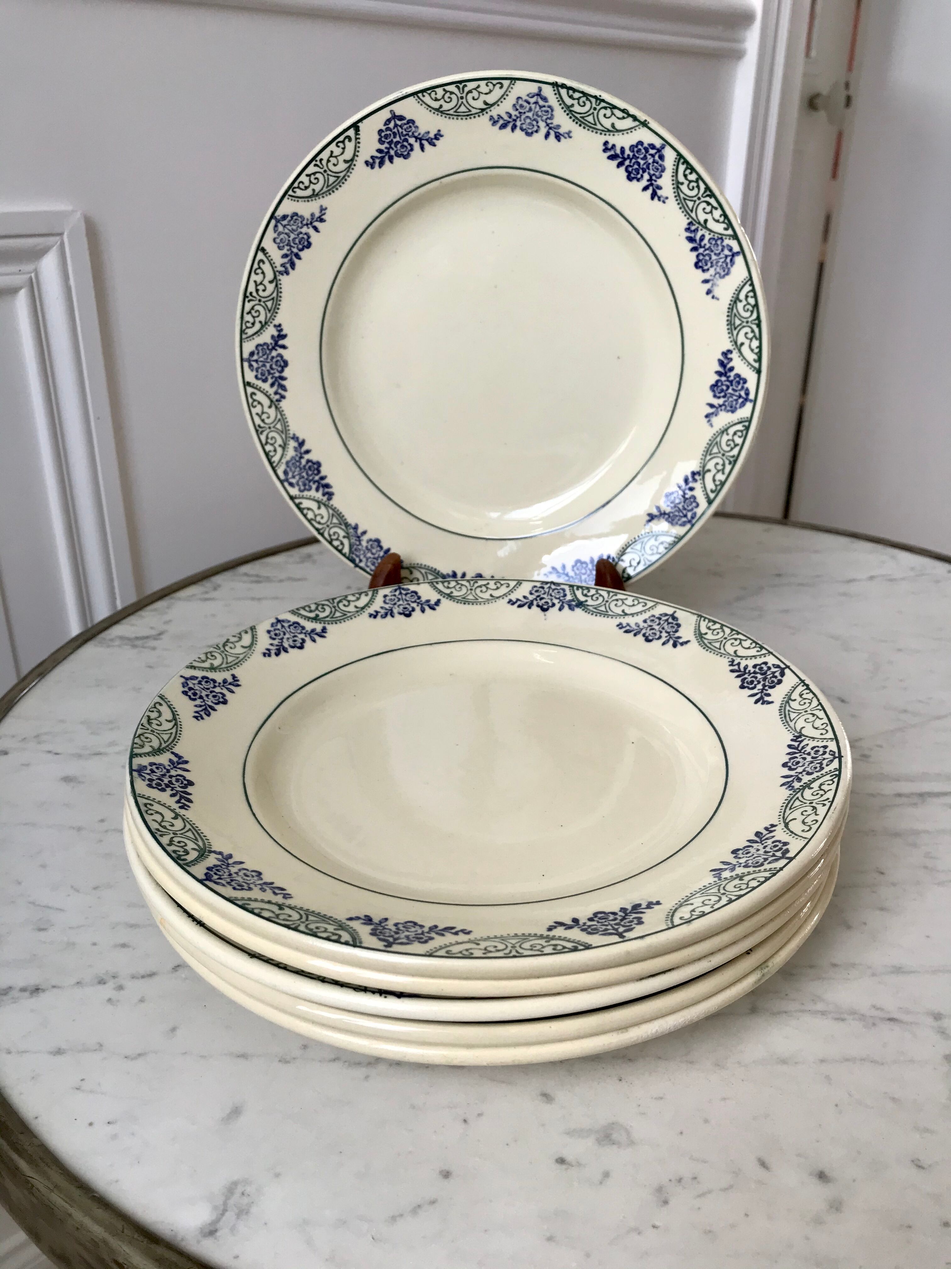 Lot de 6 assiettes plates Terre de Fer Moulins des Loups & Hamage vertes et bleues fin XIXème