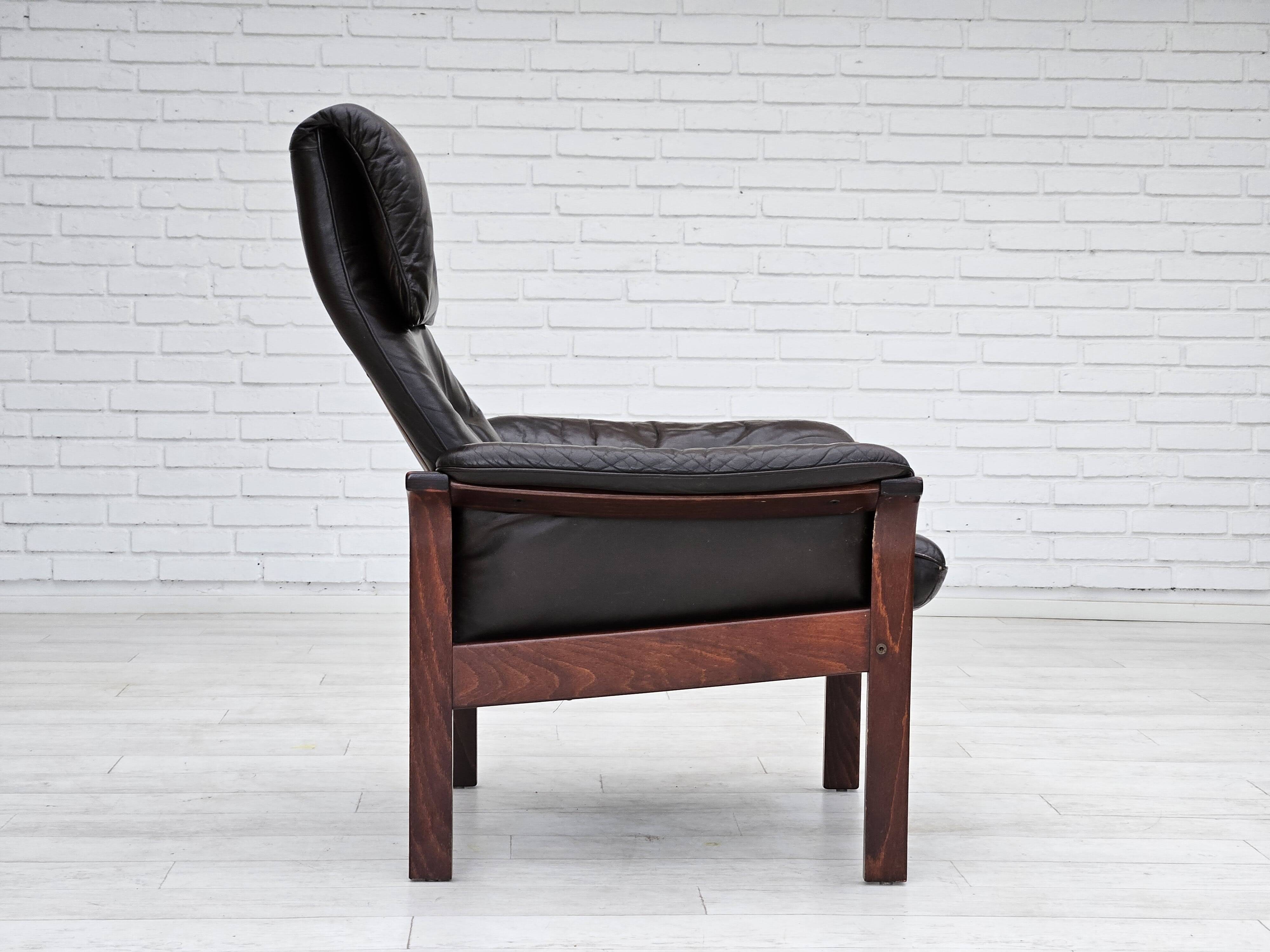Chaise longue réglable, cuir marron années 1970, design suédois par göte möbler