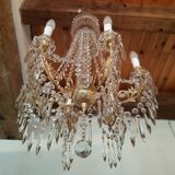 Lustre pampilles ancien cristal et verre taillé signé Portieux  6 feux