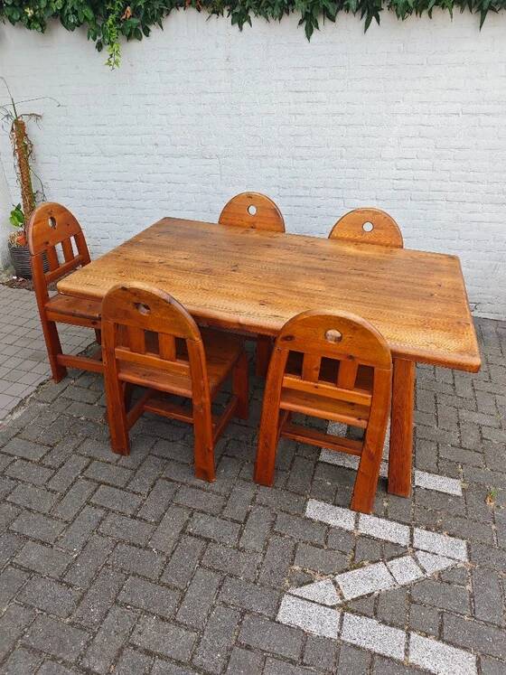 Ensemble de salle à manger de 5 chaises et table en bois massif - Style brutalisme, wabi-sabi, japandi