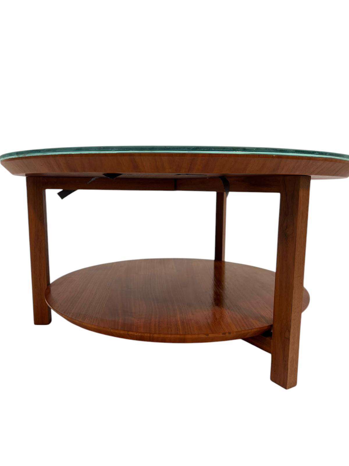 Vintage Scandinavian round coffee table in teak with removable glass top featuring a marble effect, 1960s.