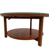 Vintage Scandinavian round coffee table in teak with removable glass top featuring a marble effect, 1960s.