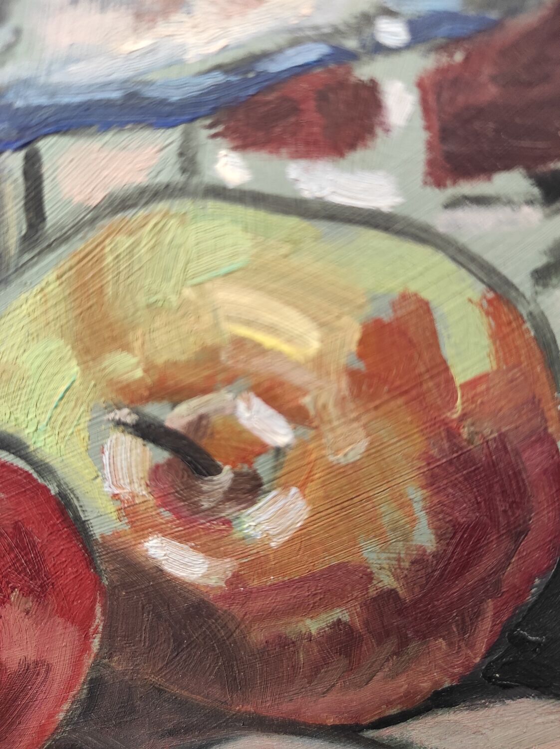 Still life with apples and oil bowl on cardboard 30s