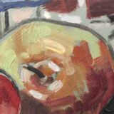 Still life with apples and oil bowl on cardboard 30s