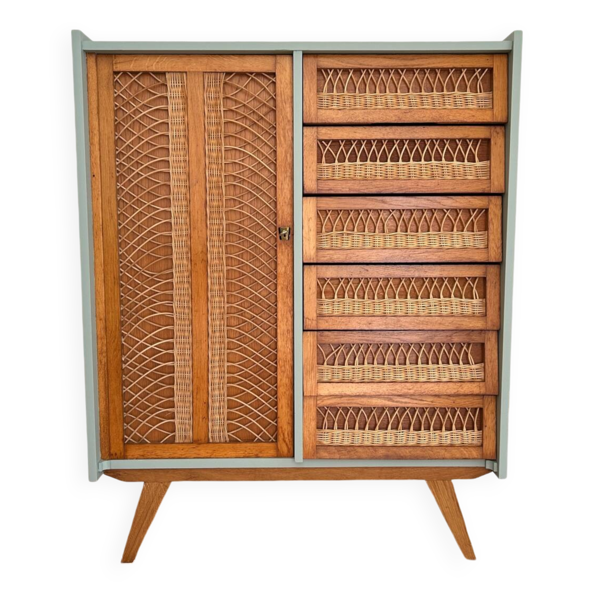 Oak and rattan wardrobe / chest of drawers