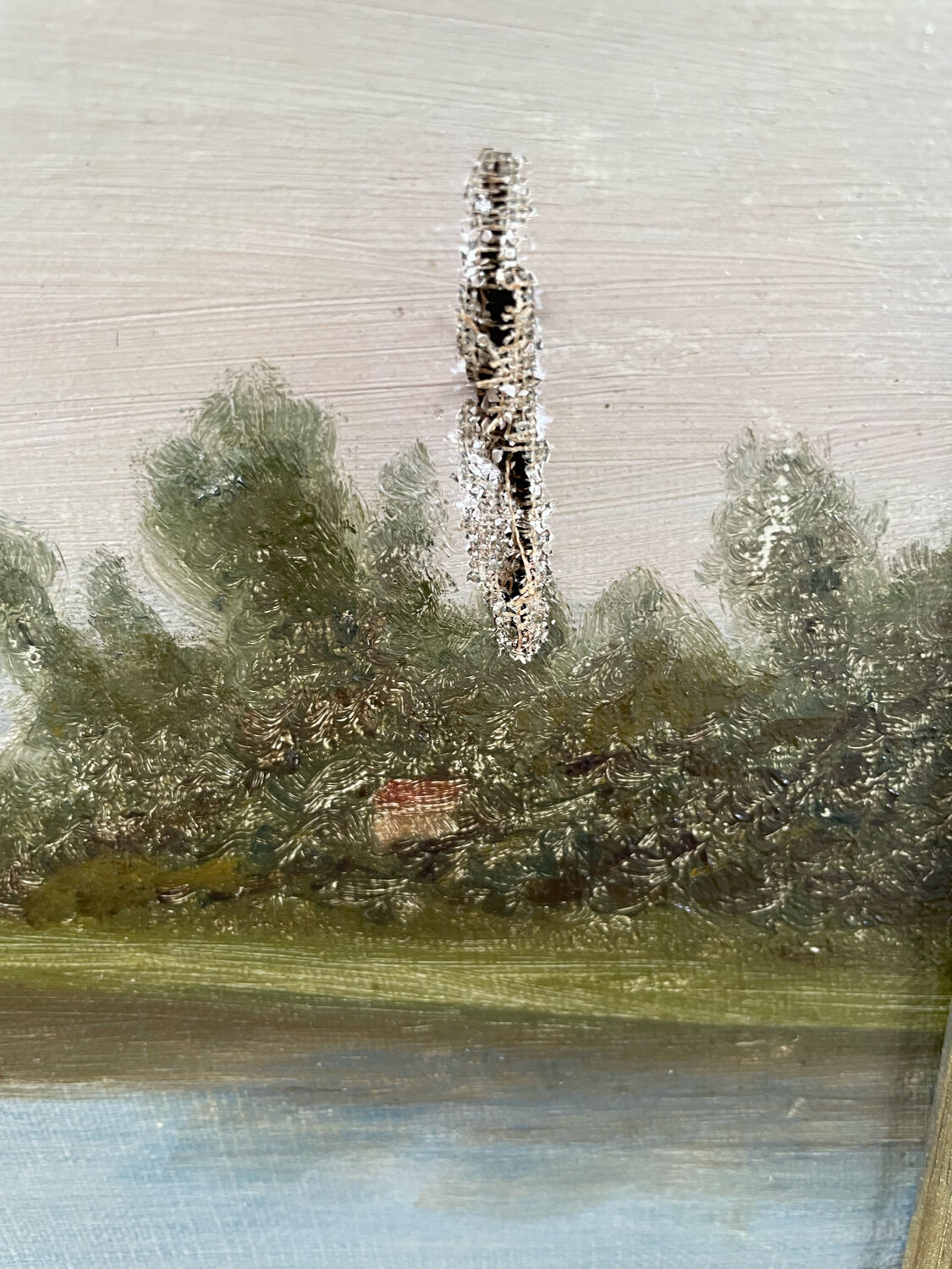 Oil painting of a riverside signed EM