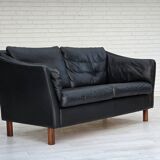 1970s, Danish 2-seater sofa, original black furniture leather, teak wood.