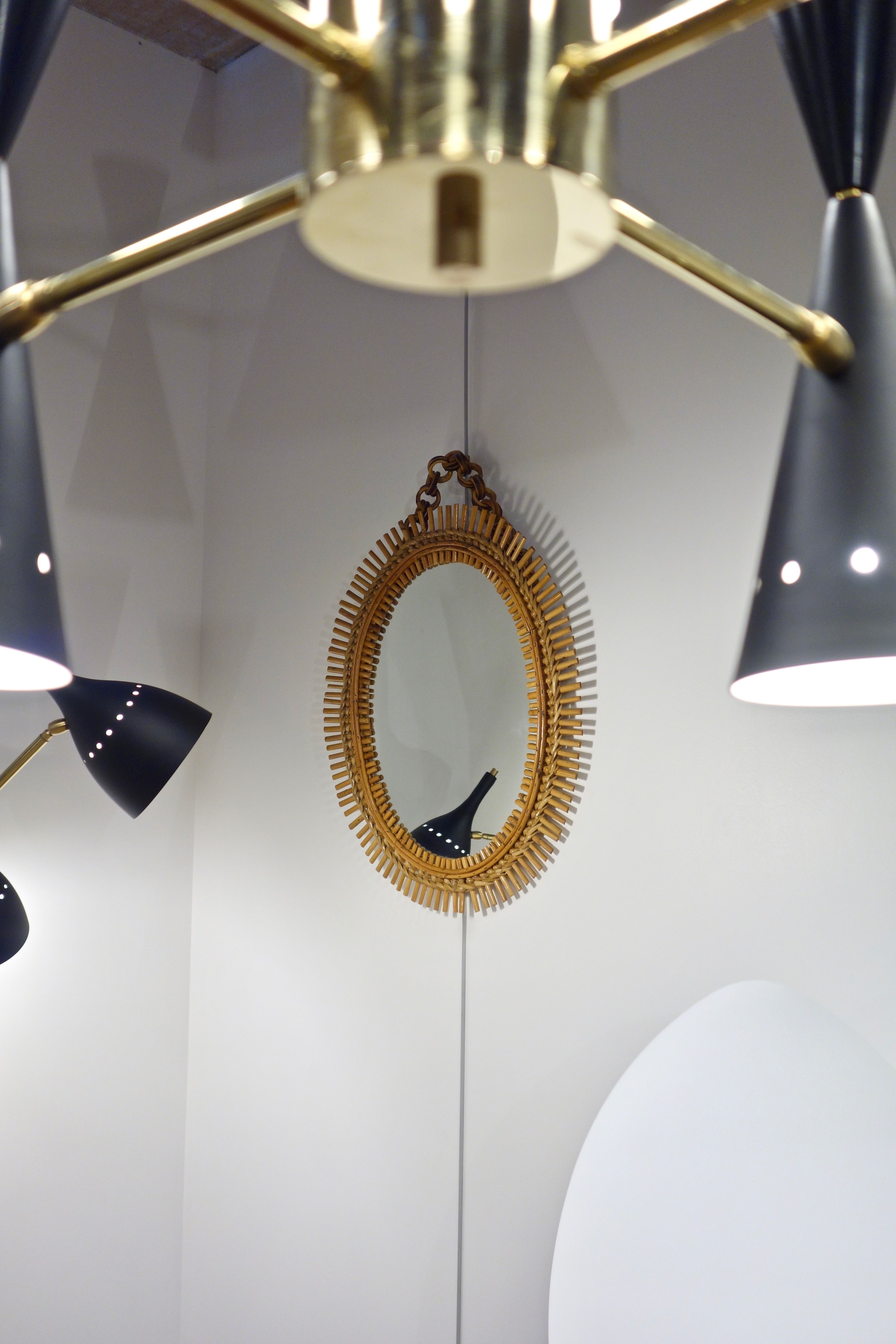 Italian sun mirror in rattan by Bonacina of the 50s 47x65cm