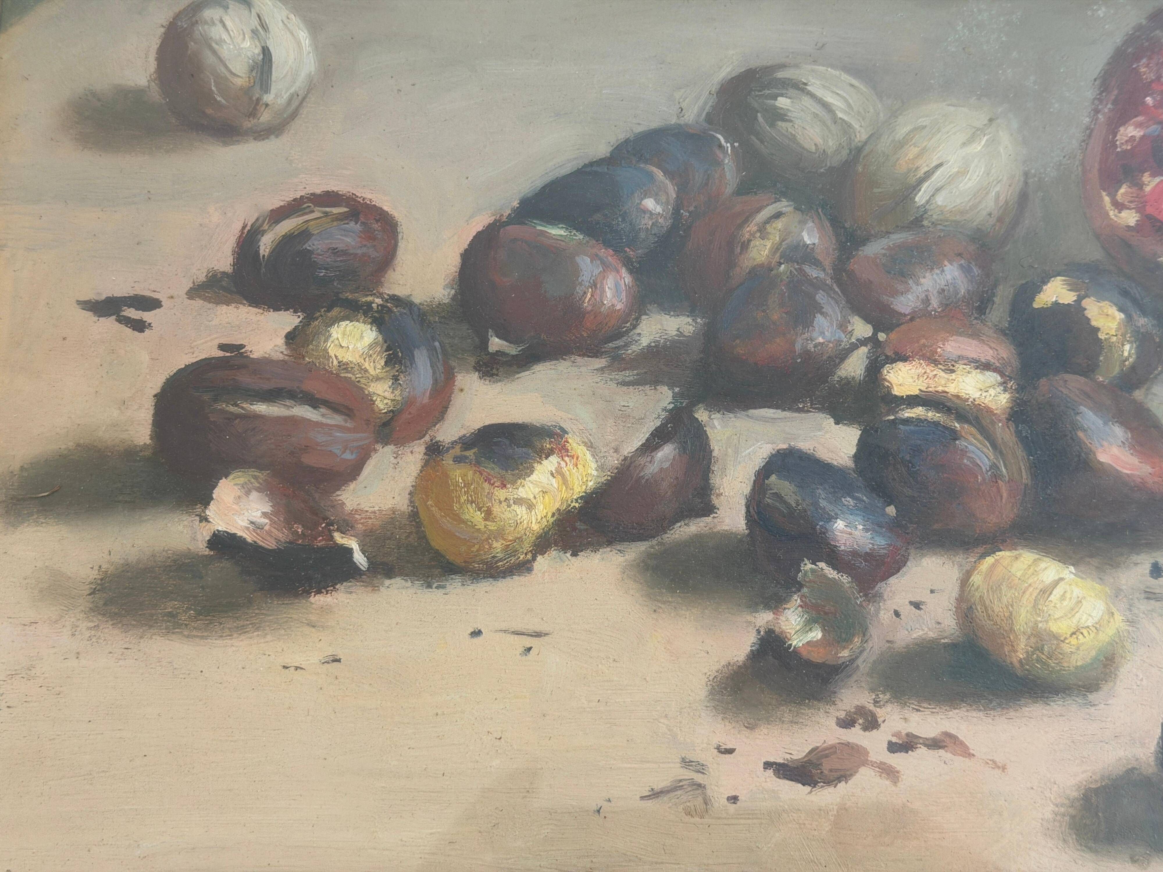 Still life with pomegranates and walnuts Oil painting on canvas signed, 1967, Italy