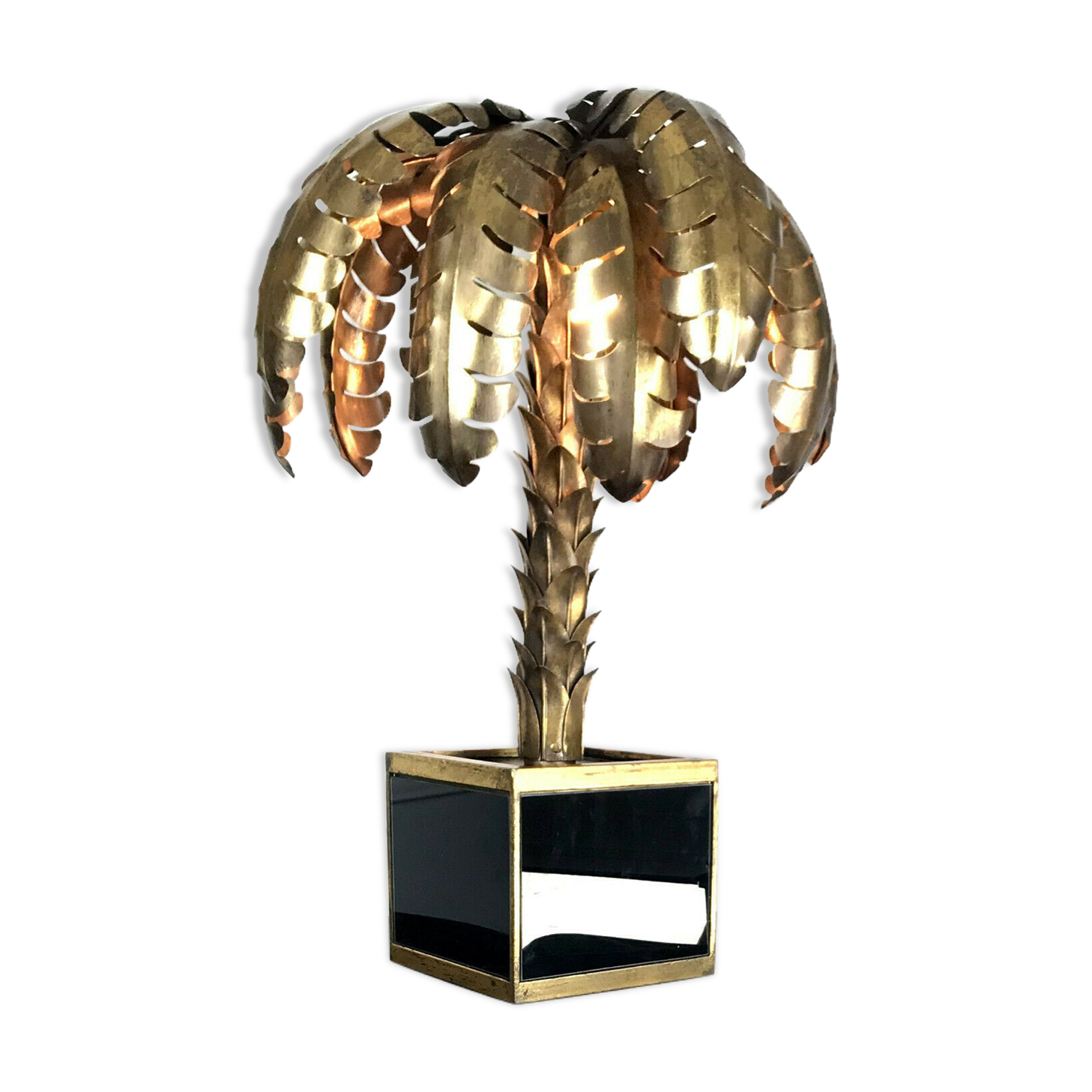 Palm tree table lamp in gilded metal and base in glass plates style year 70