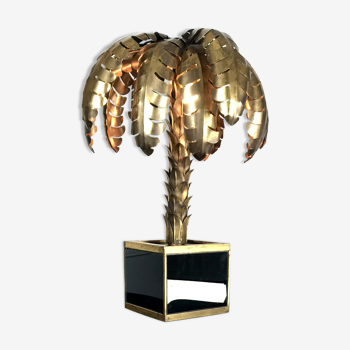 Lampe de table palmier en metal doré et socle en plaques de verre style année 70