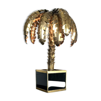 Palm tree table lamp in gilded metal and base in glass plates style year 70