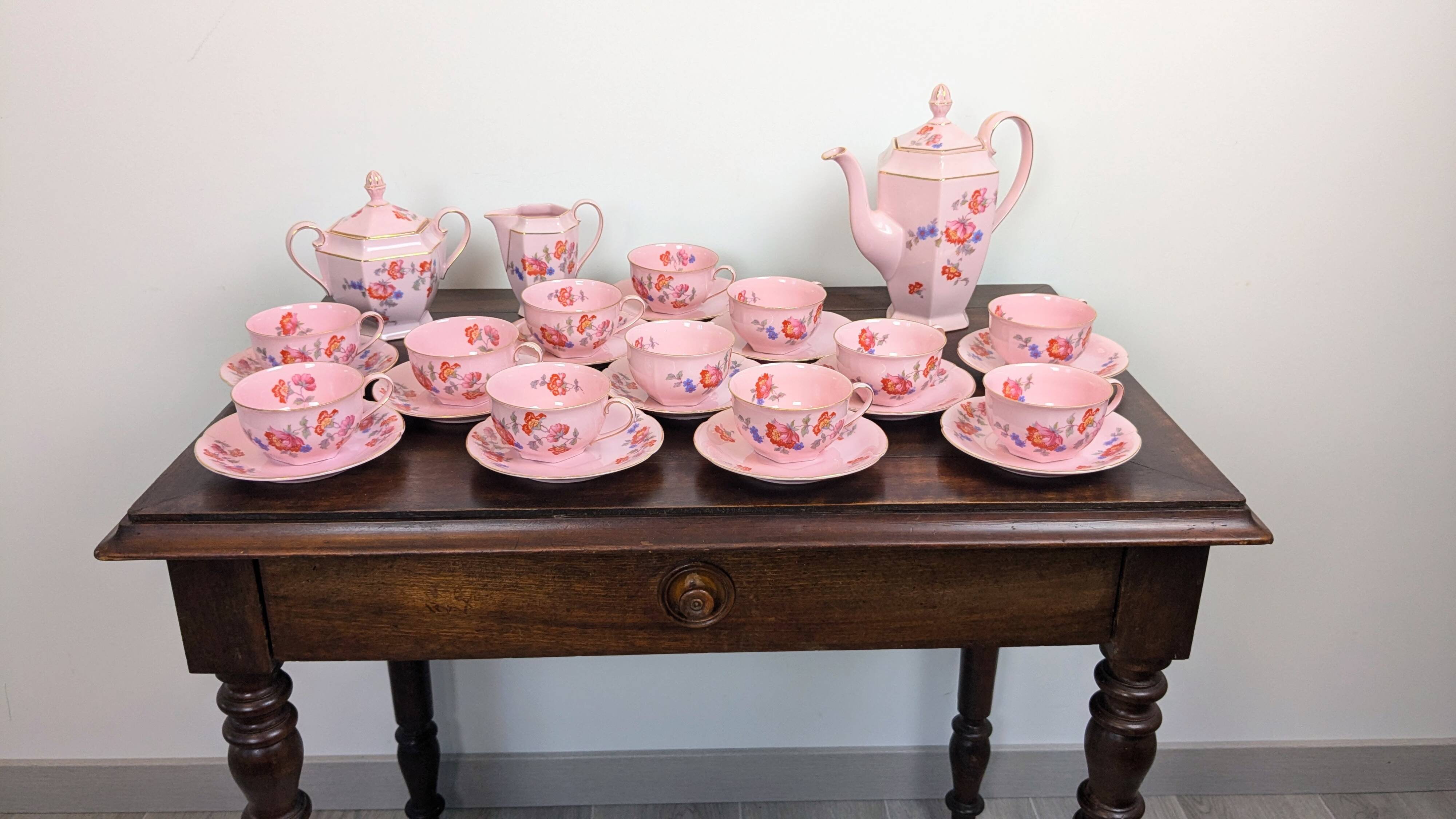 Epiag Czechoslovakia 27-piece art deco pink porcelain coffee set