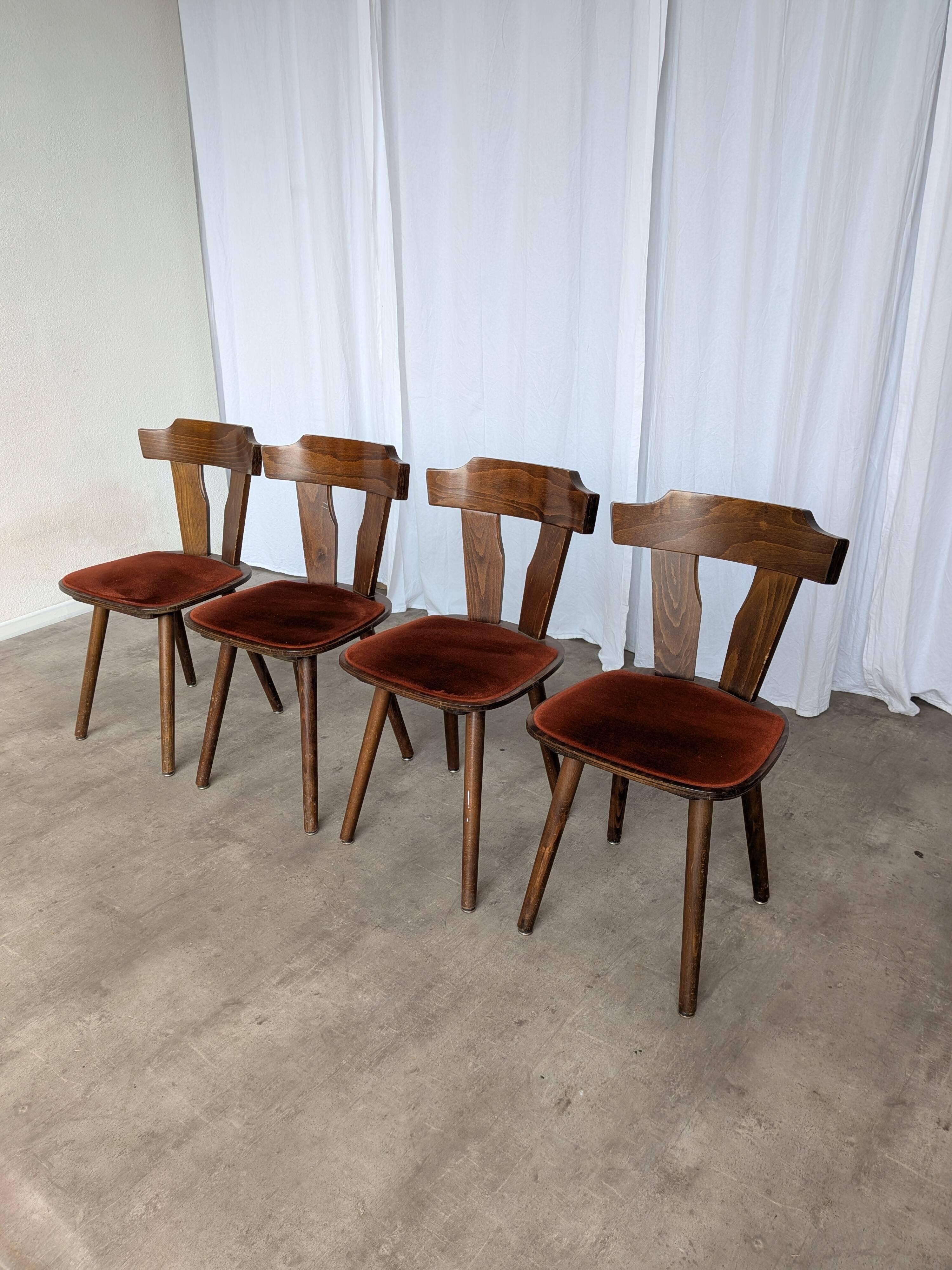 Vintage Tyrolean Dining Chairs: Set of 4, Red Fabric Seat, 1970s