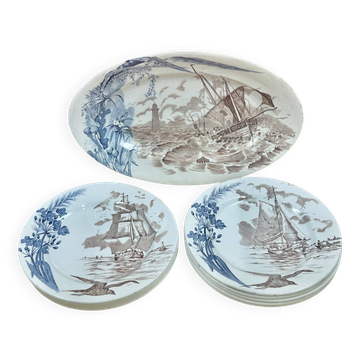 Service of 10 plates + 1 oval dish Terre de Fer Clairefontaine Marines