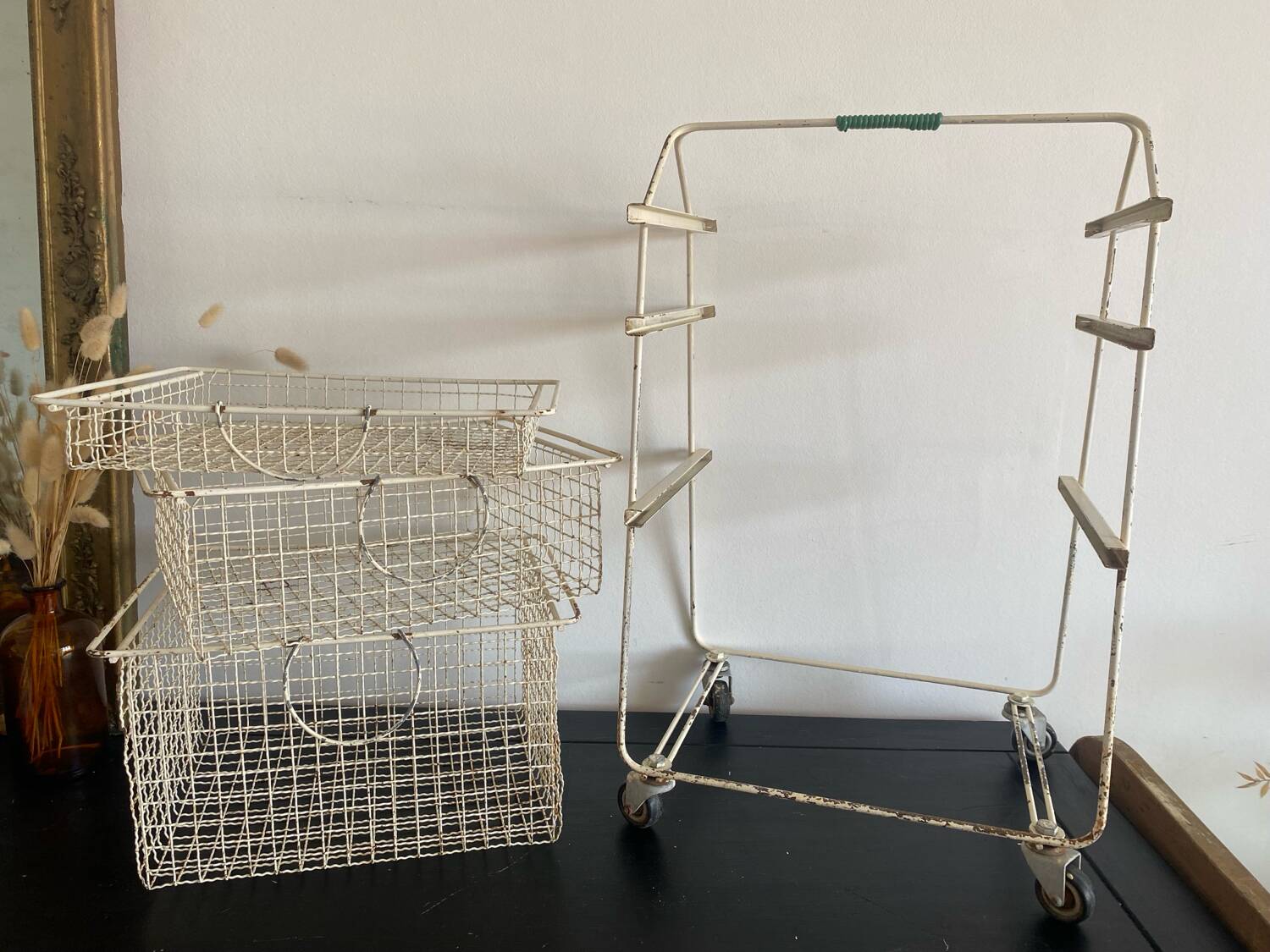 Metal serving trolley on wheels