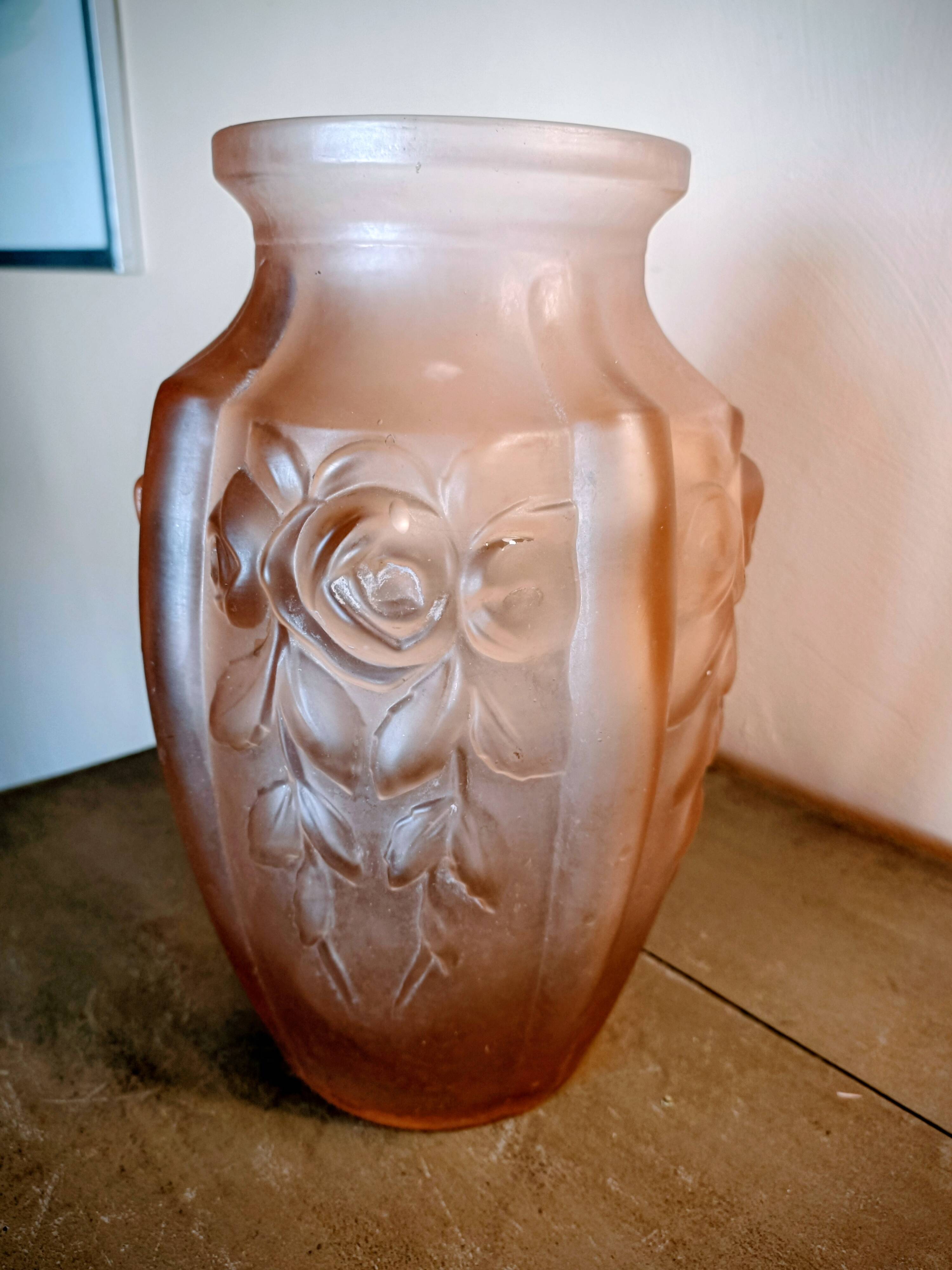 Art Deco vase, moulded satin pink glass.