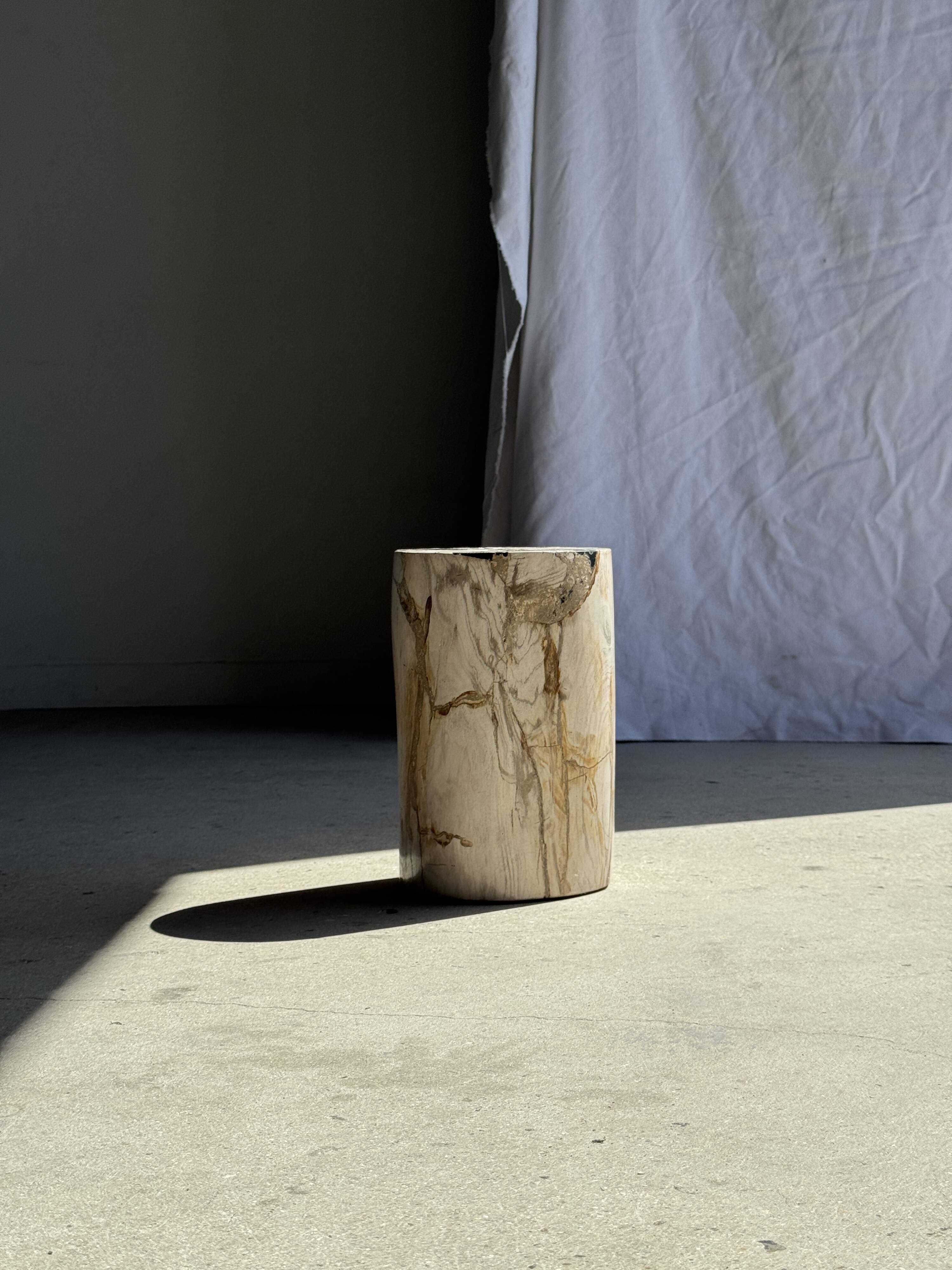 Small white petrified wood side table with black inlay H28 D18 -