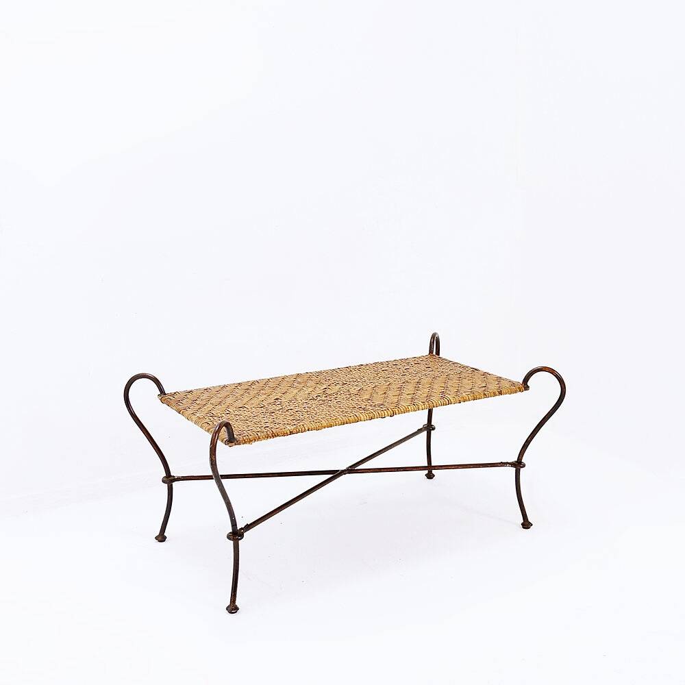 Vintage coffee table in wrought iron and woven rattan - 1970s