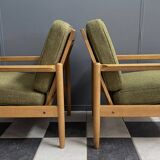 ensemble de fauteuils en tissu vert et bois années 1960