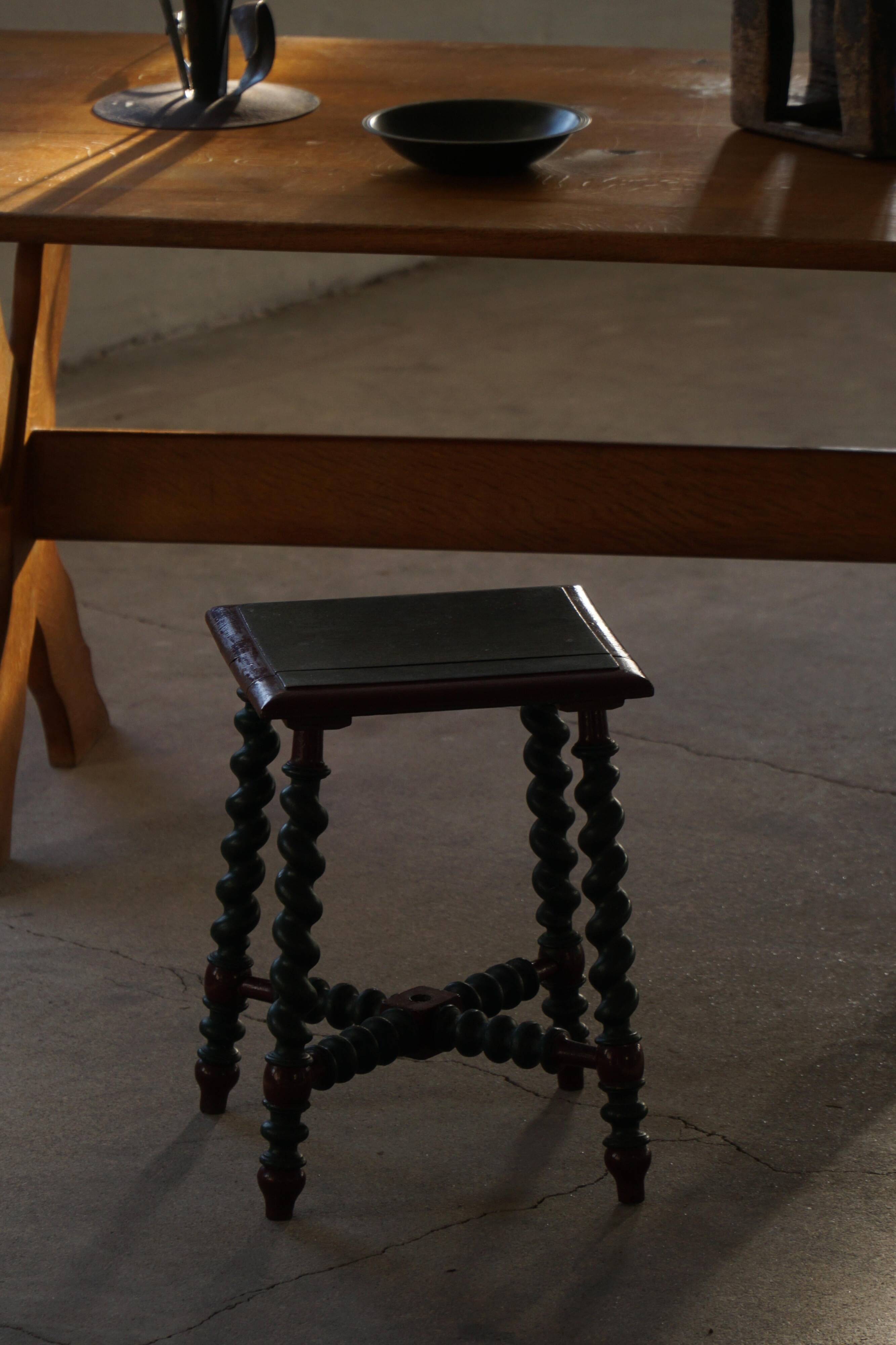 Vintage Scandinavian Stool Painted in Dark Green and Dark Red Wood, Folk Style, 1940s