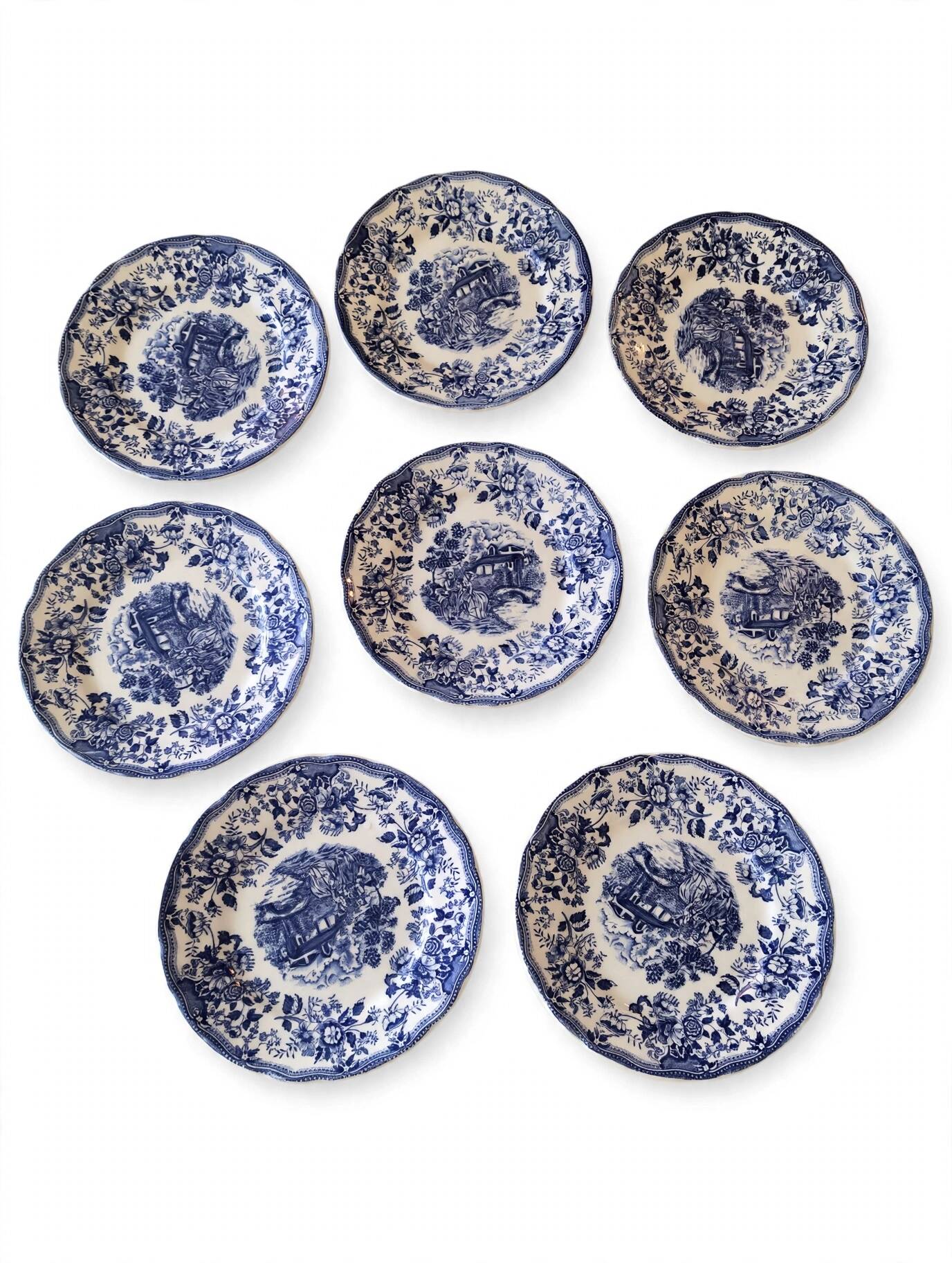 Lot de 8 assiettes Ironstone Tableware CBM bleu & white 1987 décor cottage