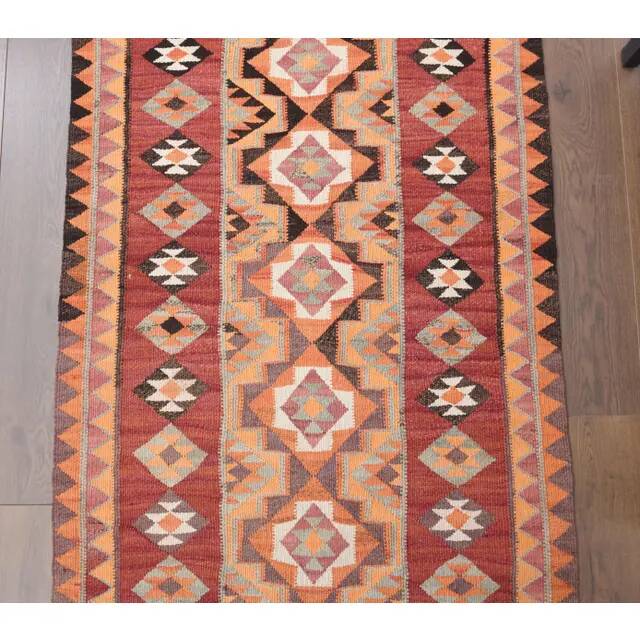 1970s Vintage Turkish Hand-Knotted Wool Cotton Orange Runner Rug 89x287