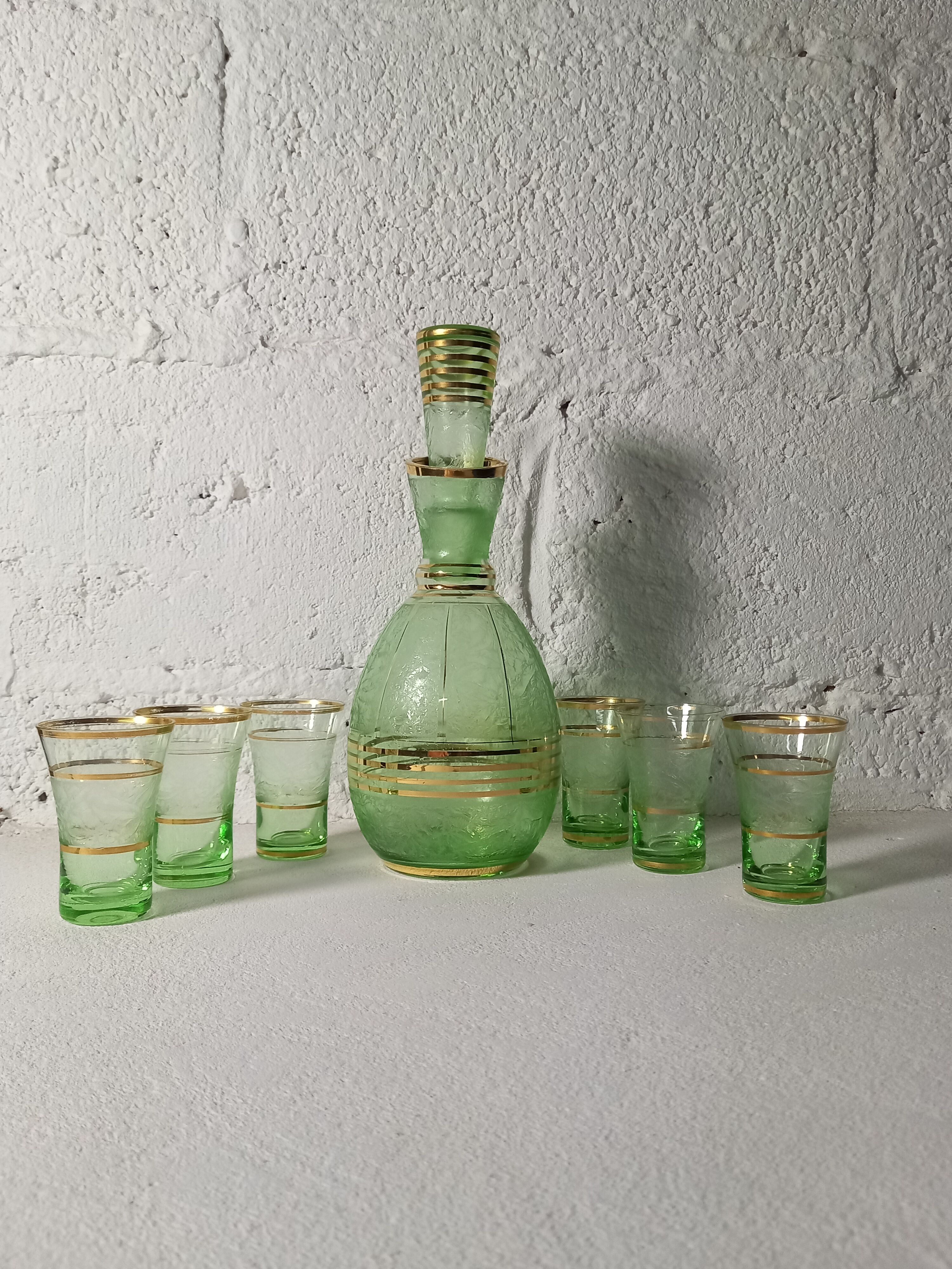 Art deco liqueur service in light green frosted glass