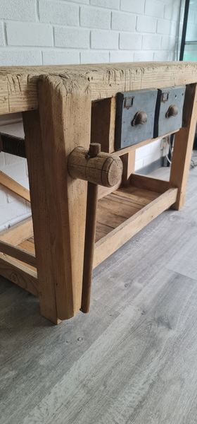 Old carpenter's workbench two drawers, industrial furniture