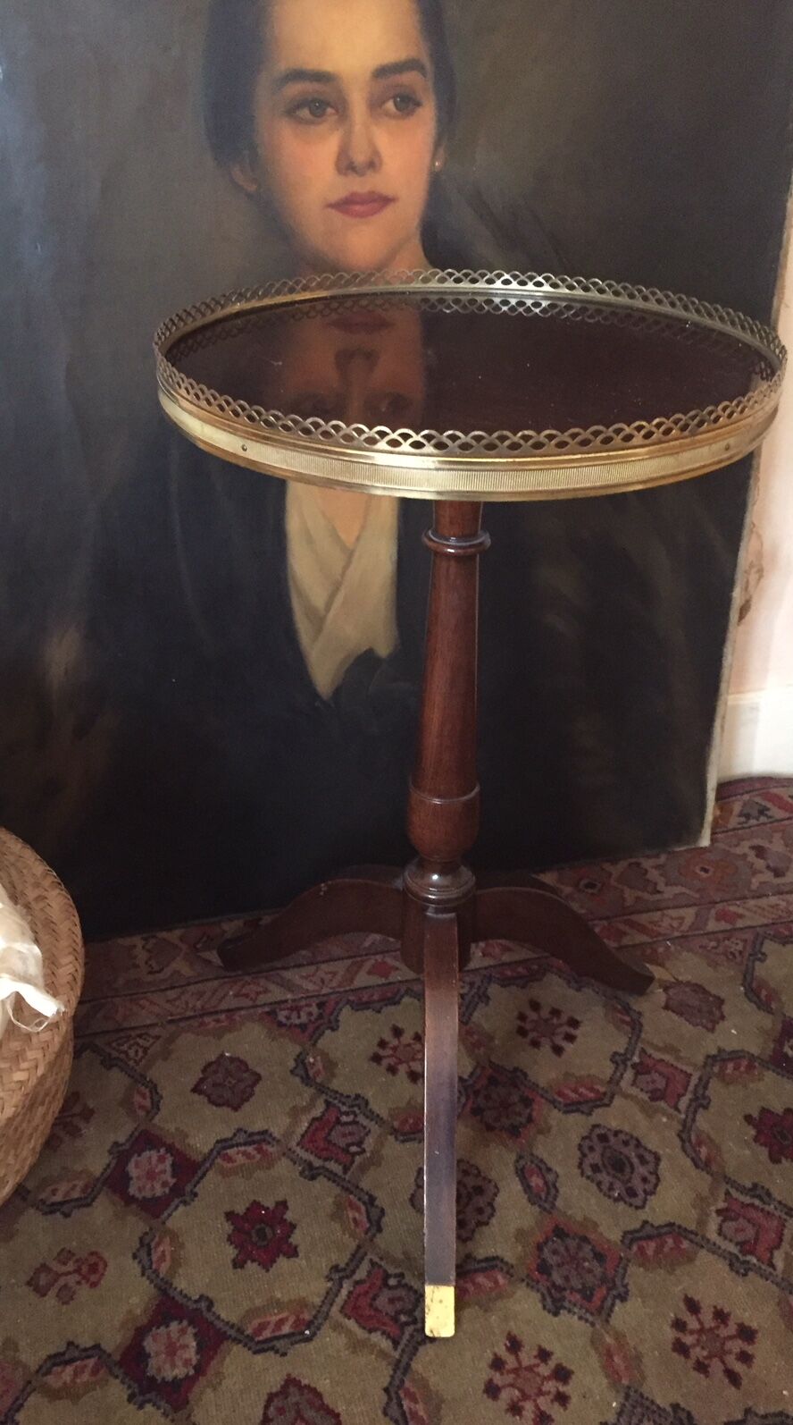 Cherry and brass pedestal side table