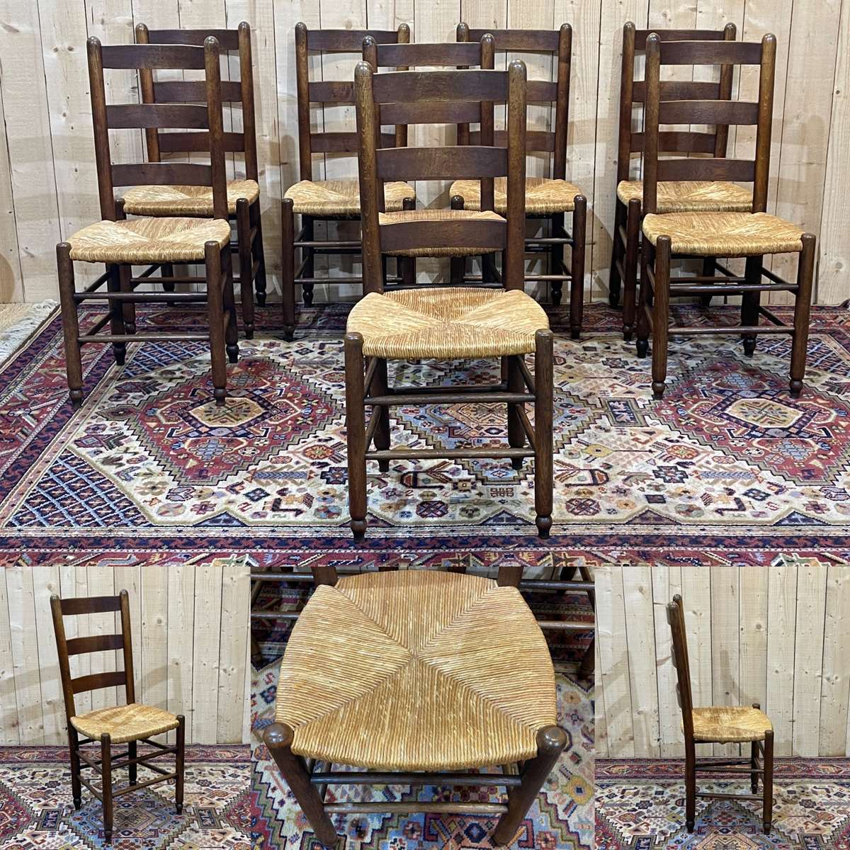Suite of 8 oak chairs and straw seats - 1950s work
