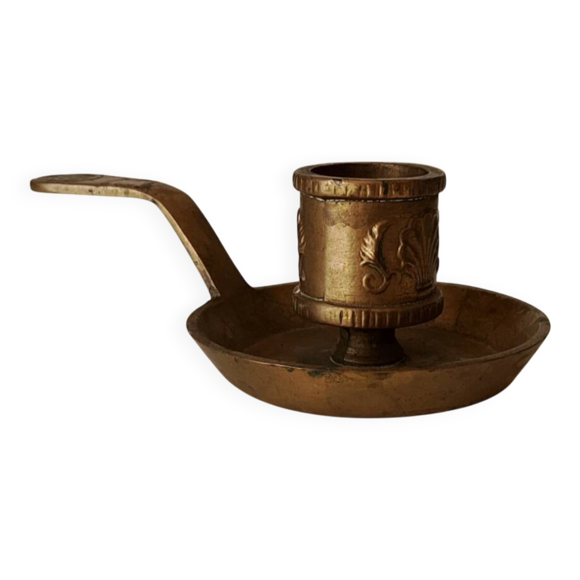 Antique hand-held candlestick in gilded bronze