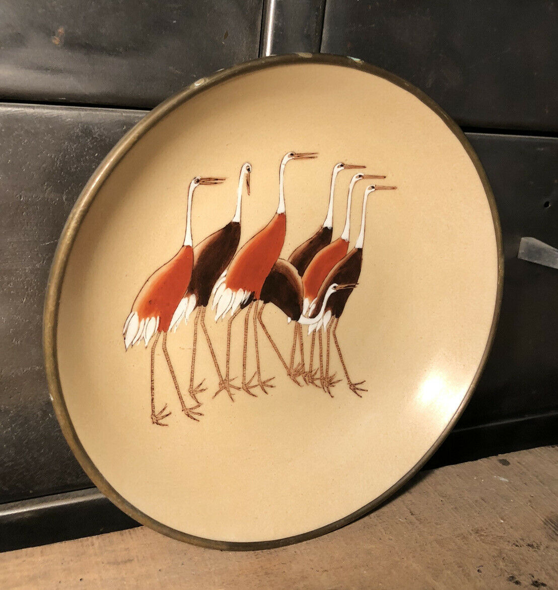 Hollow plate Japan ACF porcelain circled brass decorated with cranes