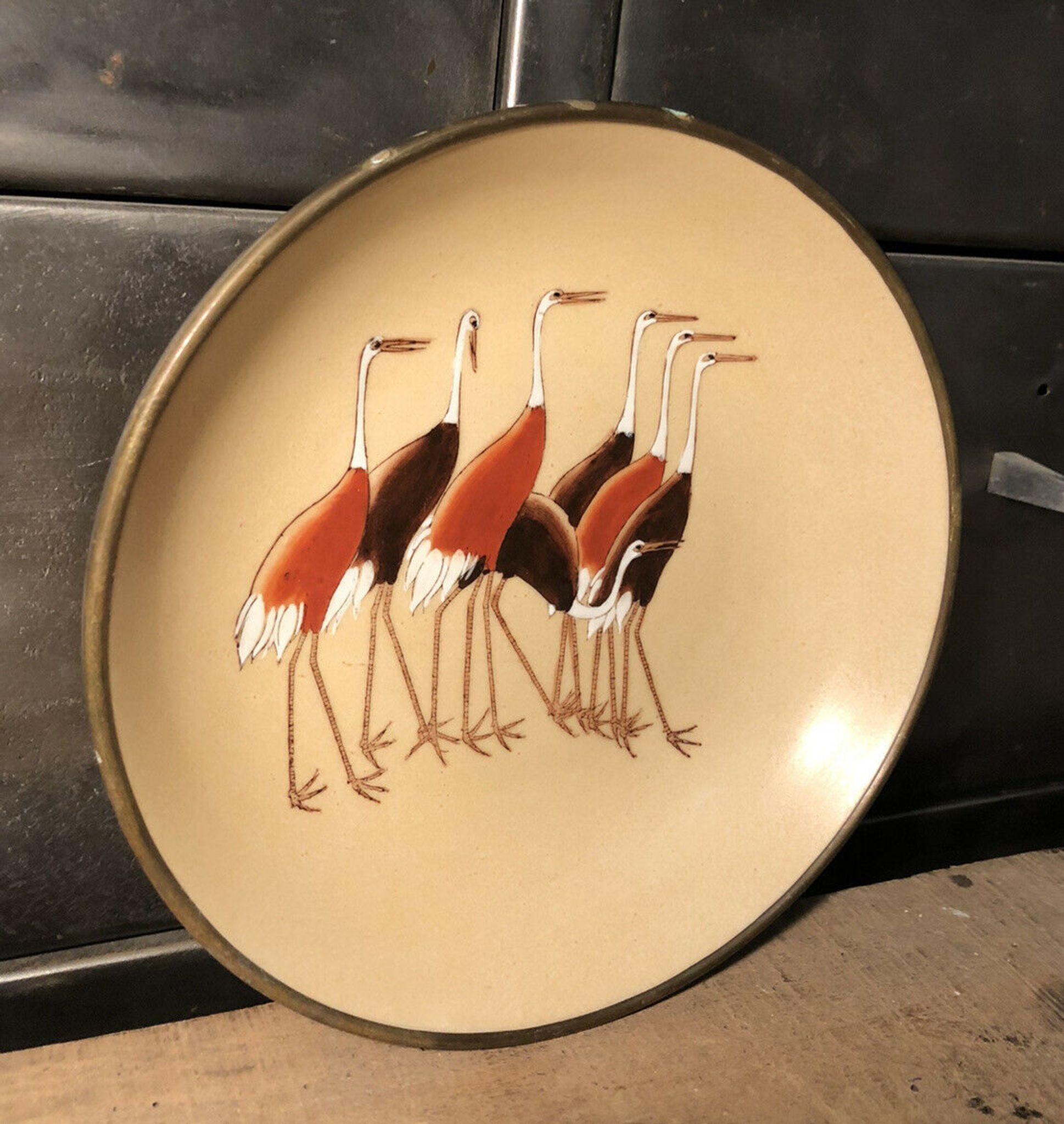 Hollow plate Japan ACF porcelain circled brass decorated with cranes
