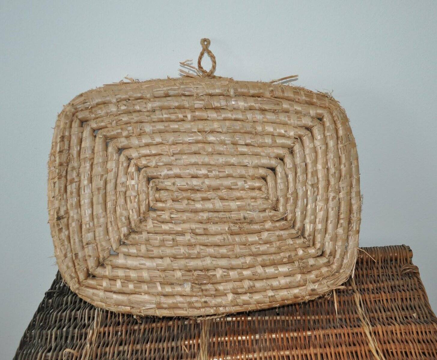Vintage brown wicker rectangular basket, 1940s — Hungarian handcrafted weaving