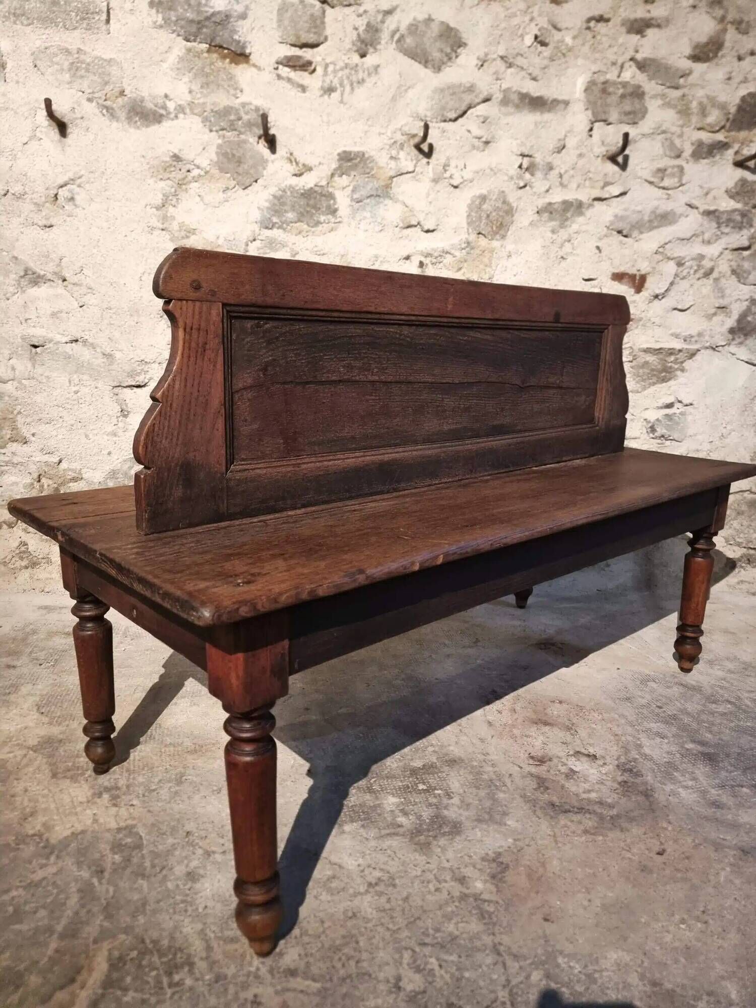 Antique French oak station bench – double-sided, 19th century (140 x 61 x 86 cm)