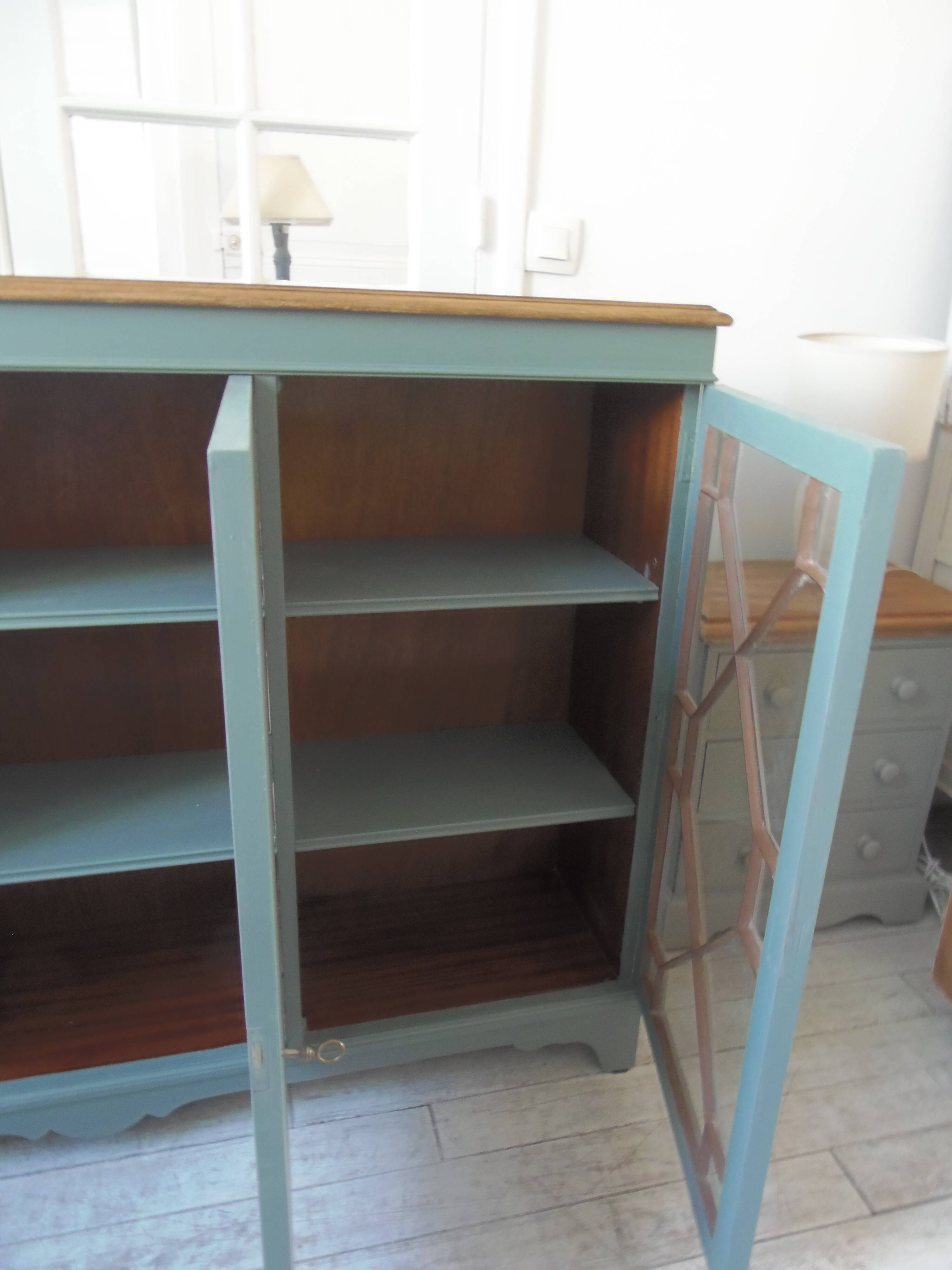 English sideboard, shallow, smoky green, wooden top.