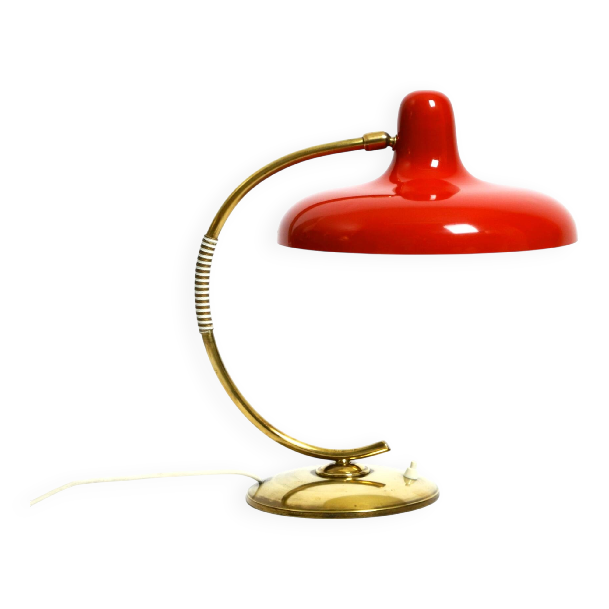 Beautiful large Mid Century Modern brass table lamp with red metal shade