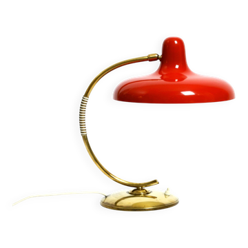 Beautiful large Mid Century Modern brass table lamp with red metal shade