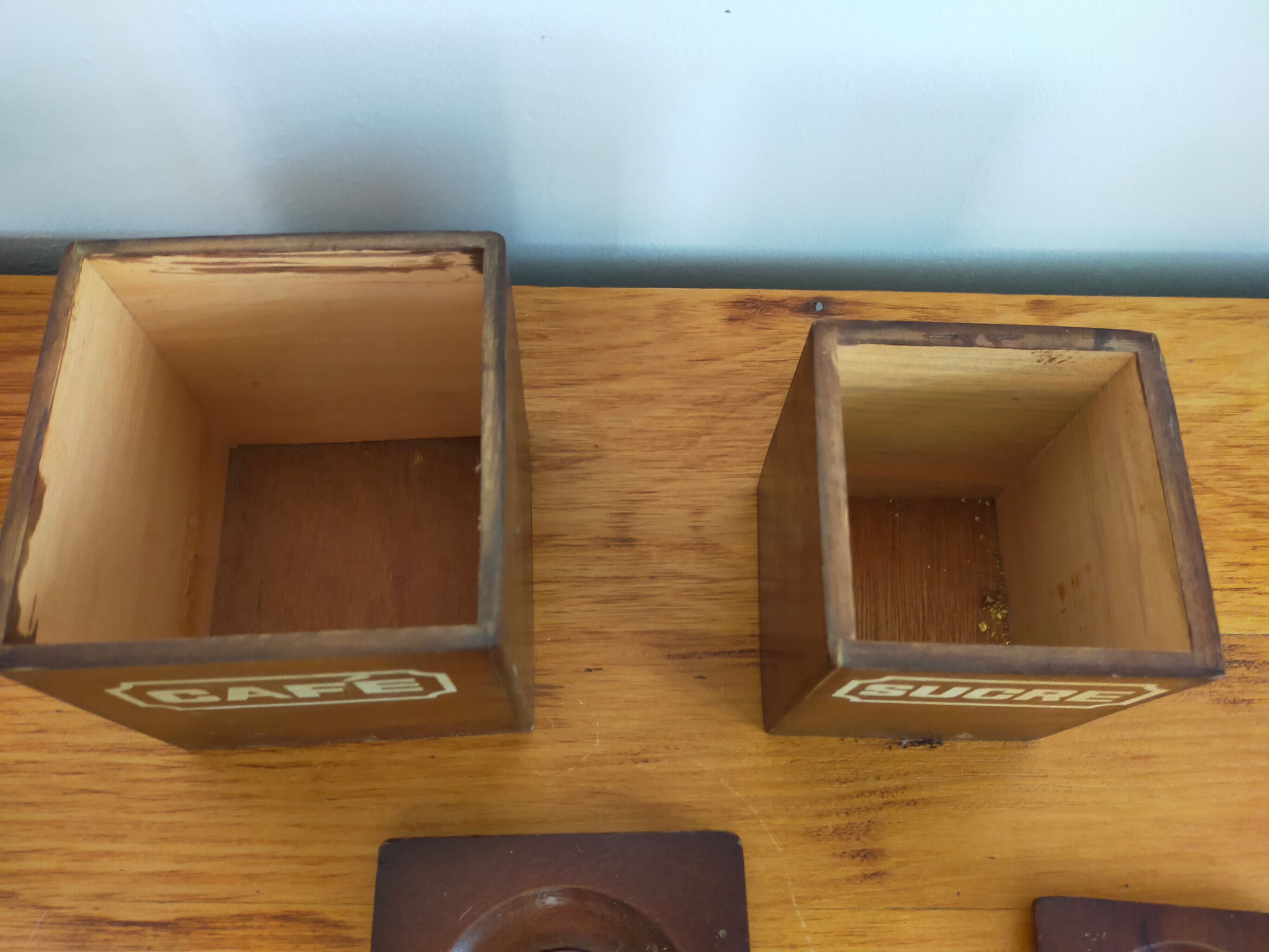 Vintage wooden spice boxes old coffee sugar