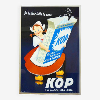 Large Italian vintage advertising picture painted on glass, the Olandesina KOP Mira Lanza, 1960s