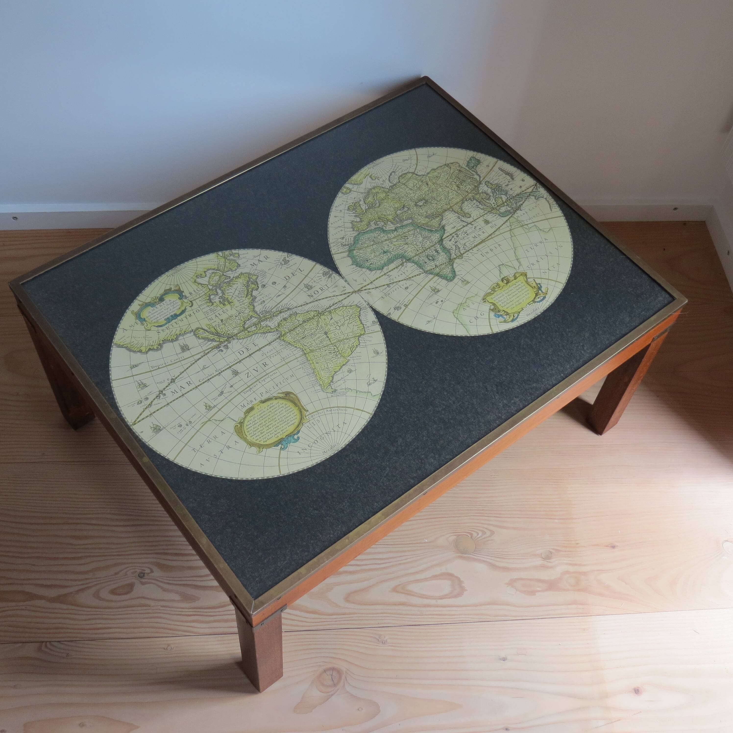 1970s Maison Jansen Campaign Style Coffee Table World Atlas Map