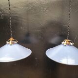 Pair of blue enameled sheet metal pendant lights