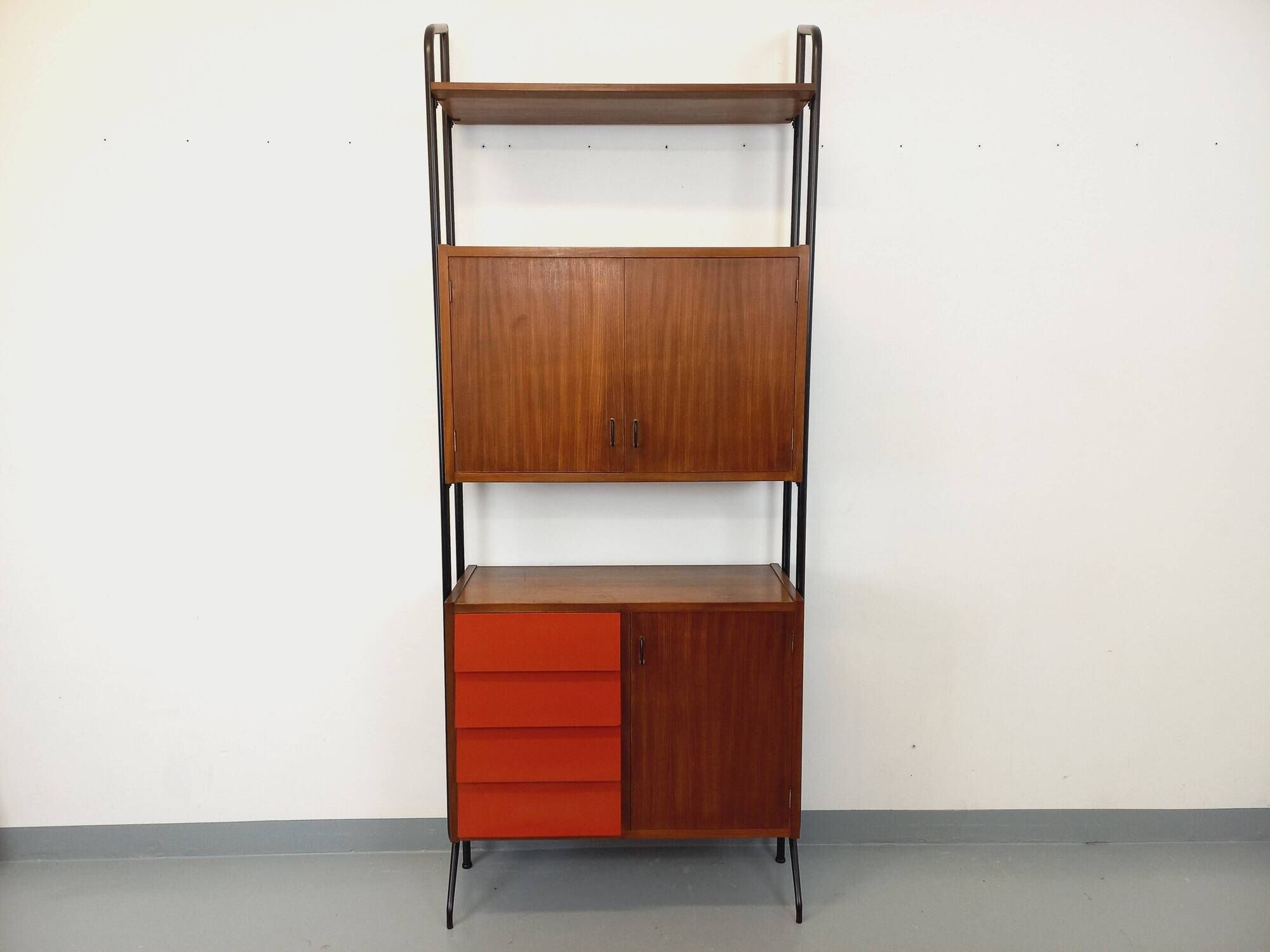 Vintage Italian modular bookcase in teak, metal and melamine