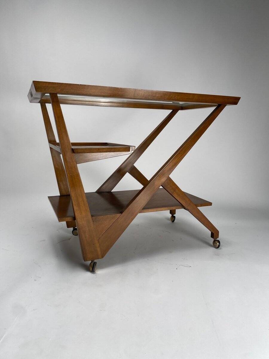 Chariot de bar en bois dans le goût de Charlotte Perriand, Italie années 1950