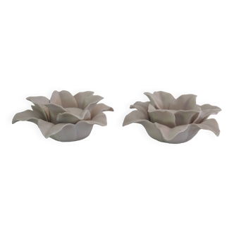 Candle holders carved flower petals vintage white porcelain (set of 2)