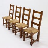 Set of 4 French Oak and Rush Ladder Back Dining Chairs 1950s