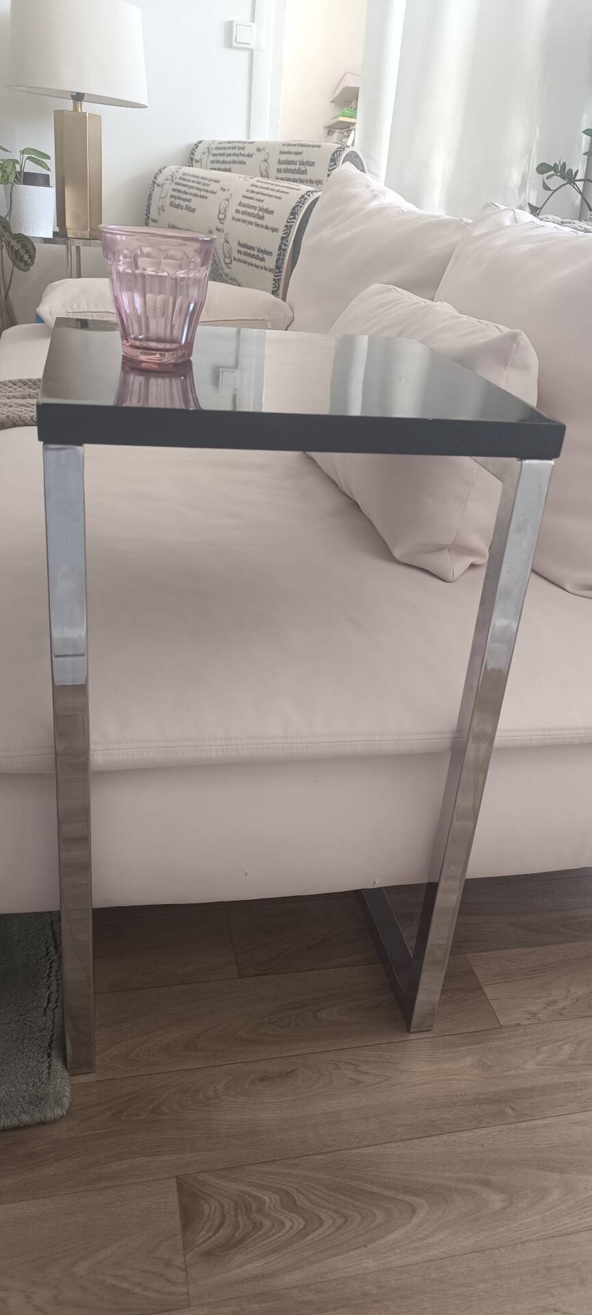 Contemporary C design side table — Heavy chrome steel and top