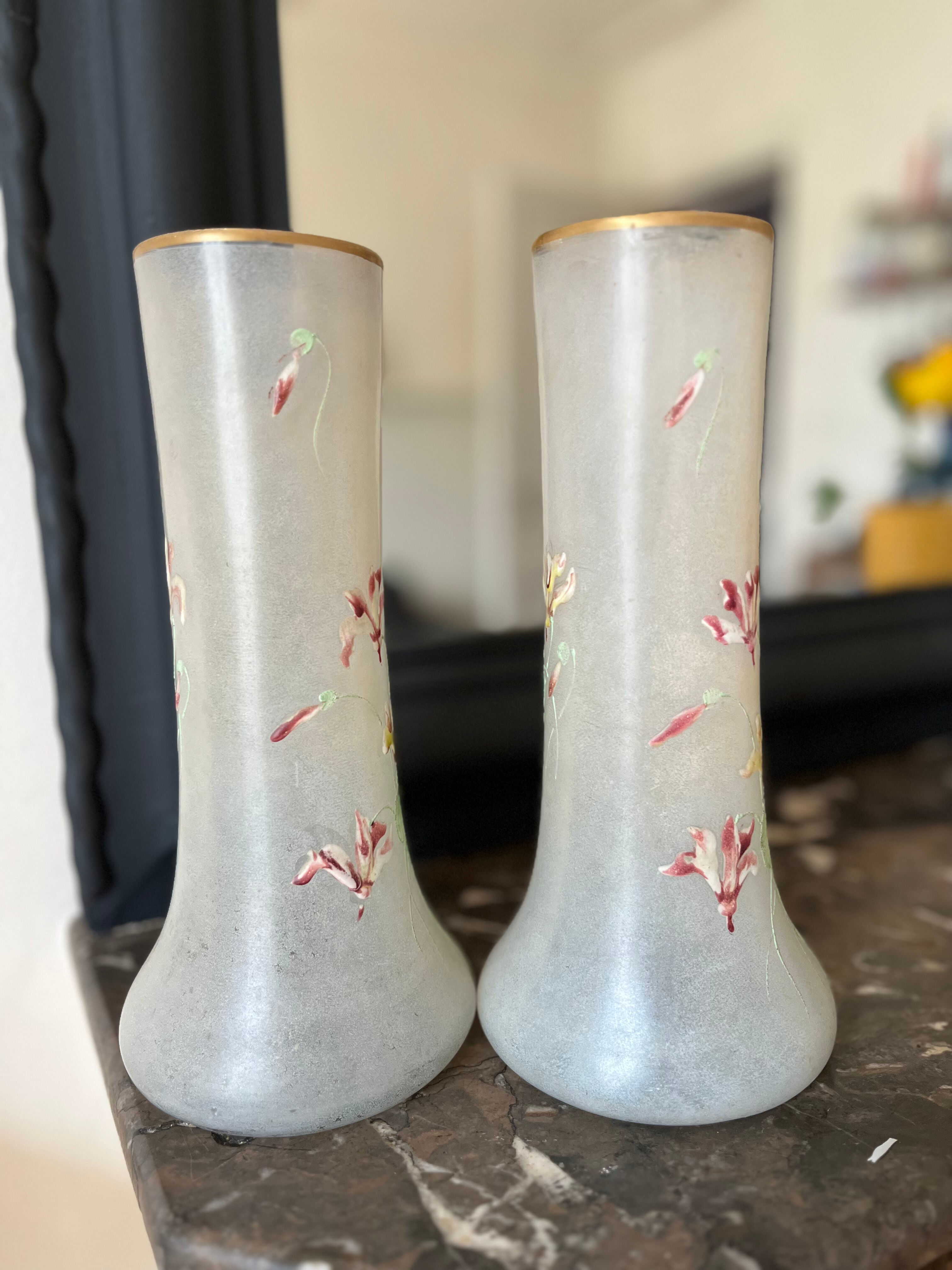 Pair of vases with flower motif by Legras late nineteenth early twentieth century