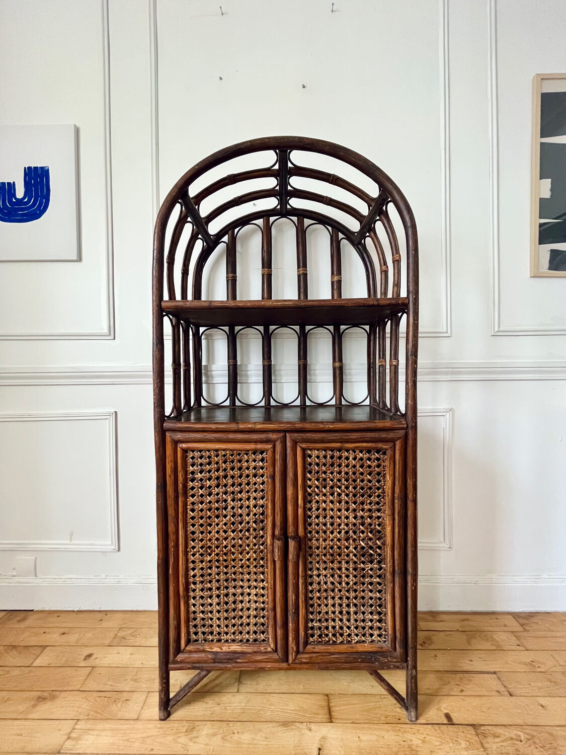Vintage rattan and caning shelf bookcase